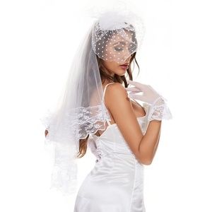 New Vintage Fascinator Hat Feather Mesh Veil and Short Lace Gloves